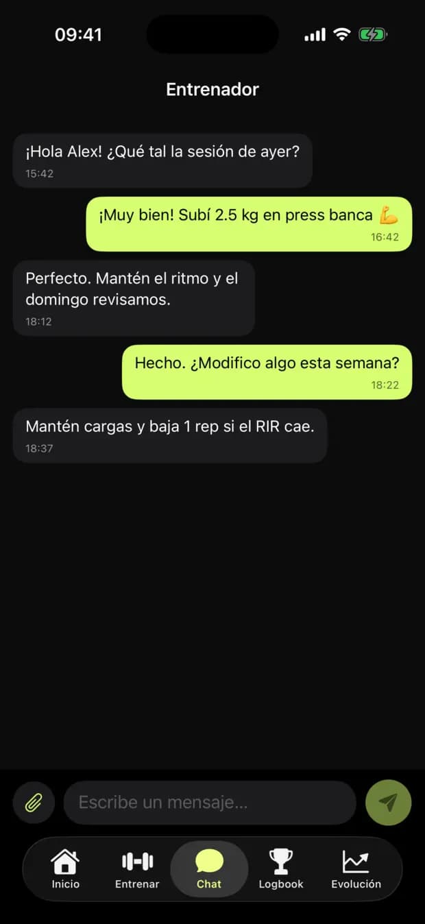 Chat con el entrenador dentro de la app