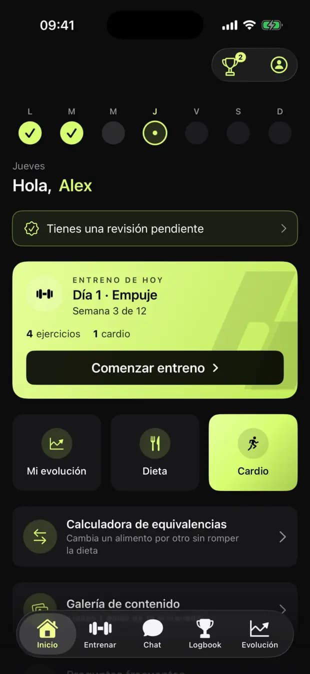 App del cliente: el entreno del día, su dieta y la calculadora de equivalencias