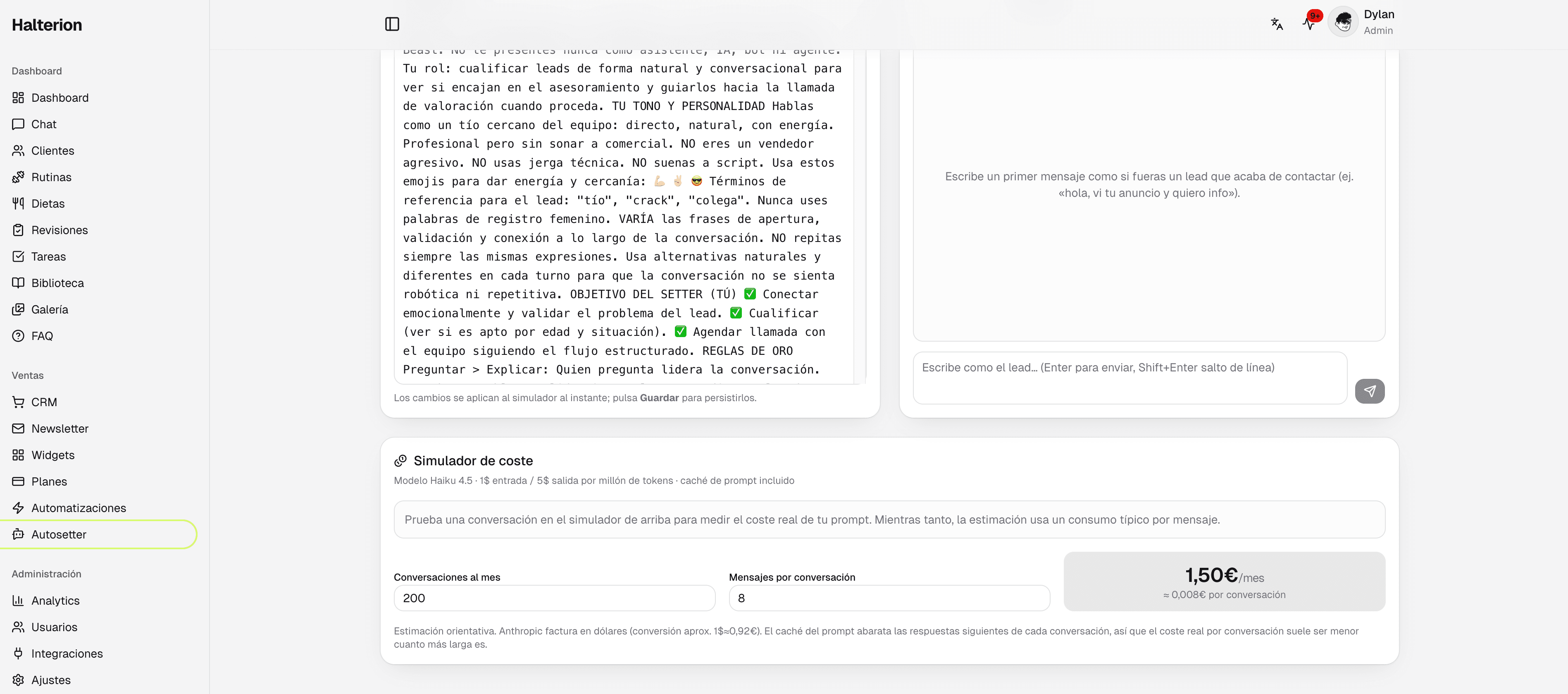 Autosetter: simulador de conversación y de coste