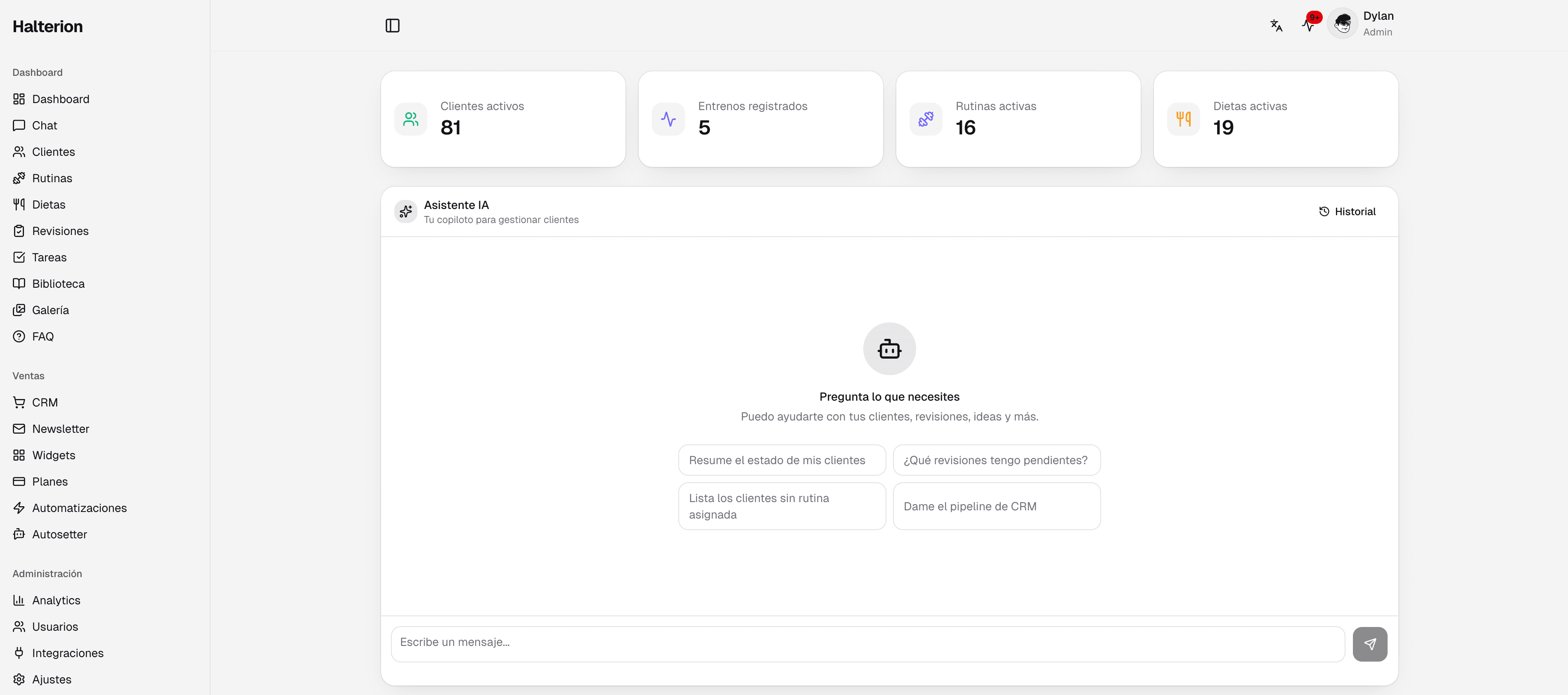 Panel de Halterion: dashboard con asistente IA